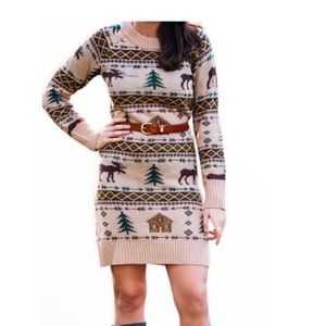 Cozy Beige Patterned Sweater Dress